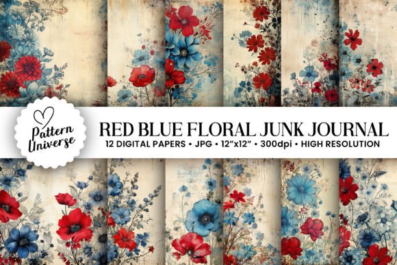 Red Blue Floral Junk Journal Backgrounds: 12 Patriotic Papers